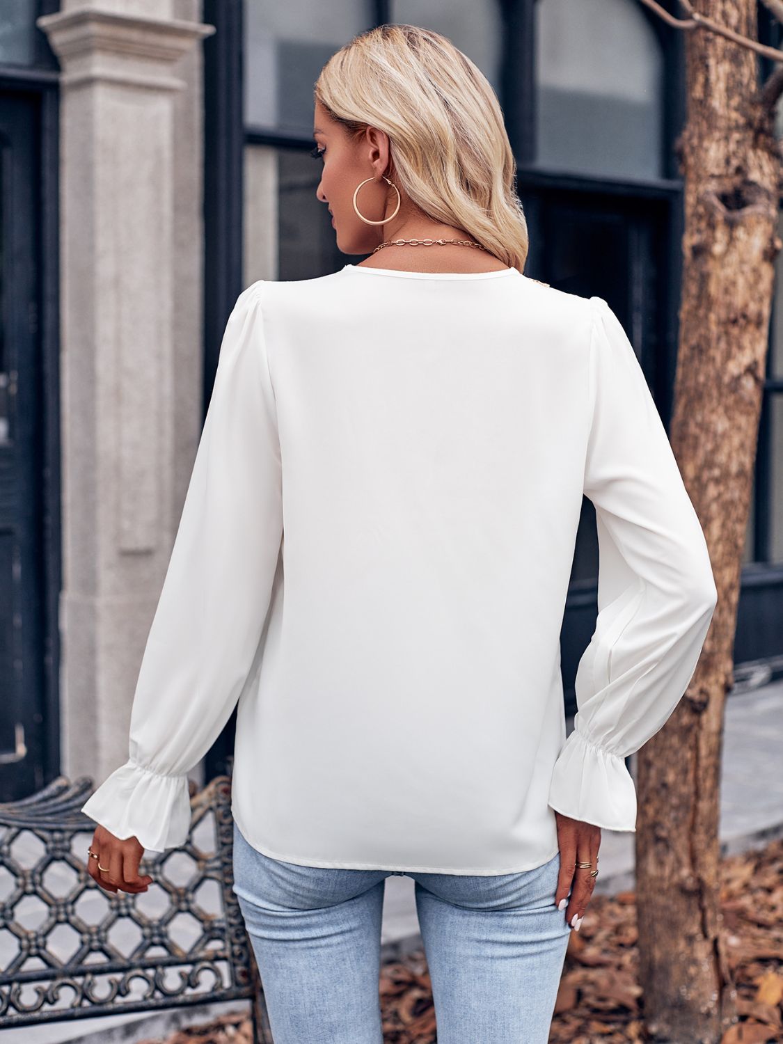 Ruffled V-Neck Flounce Sleeve Blouse