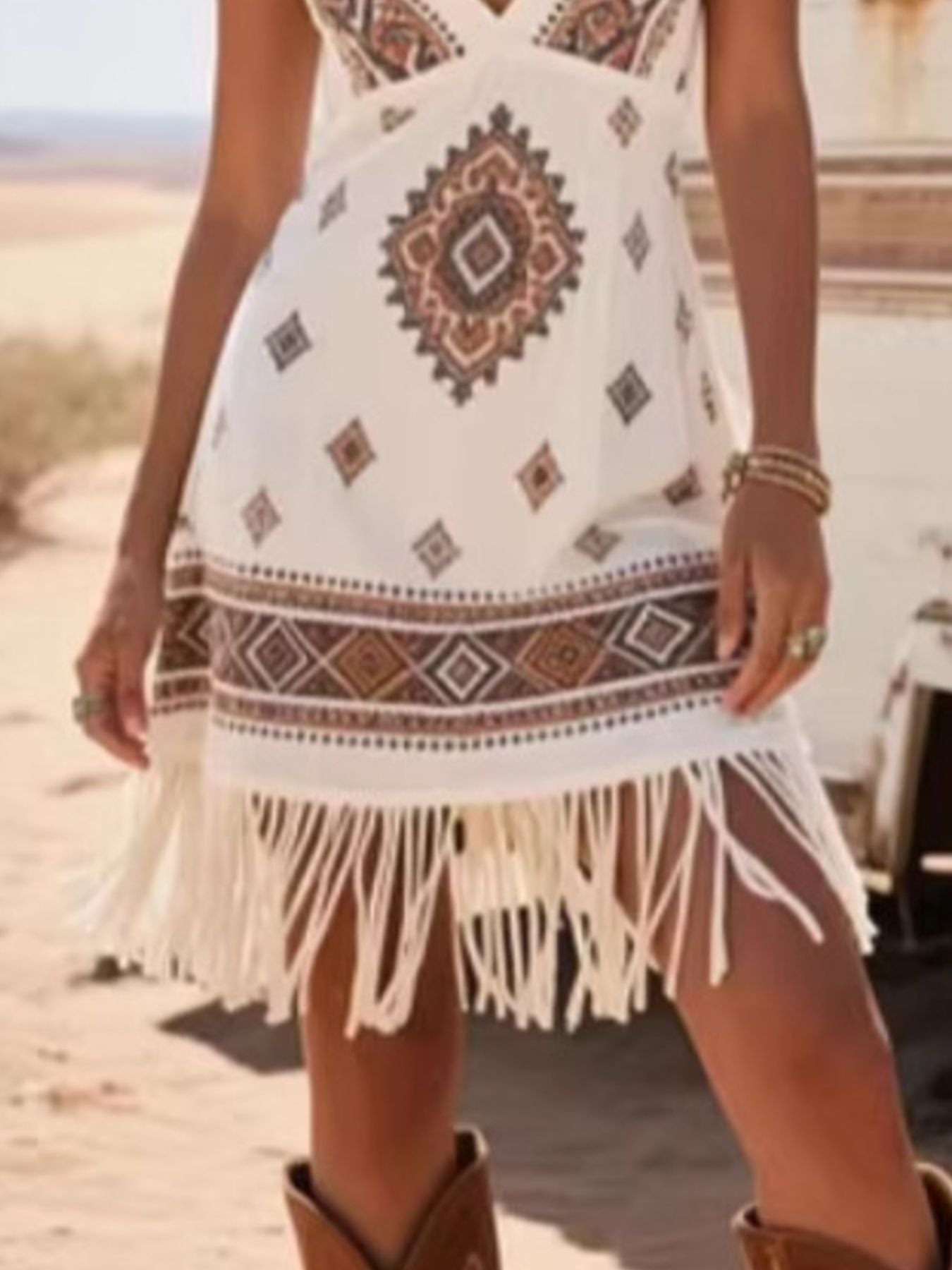 Fringe Trim Geometric Mini Dress  Shop One Place