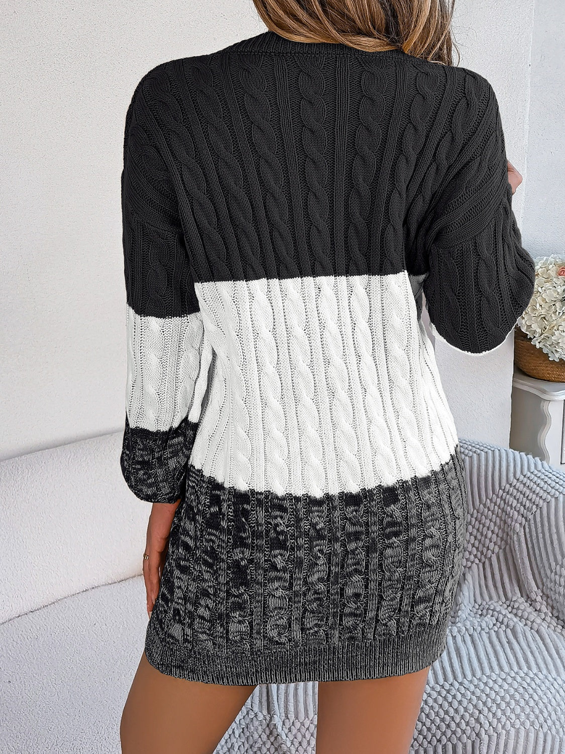Cable-Knit Round Neck Color Block Sweater Dress  Shop One Place