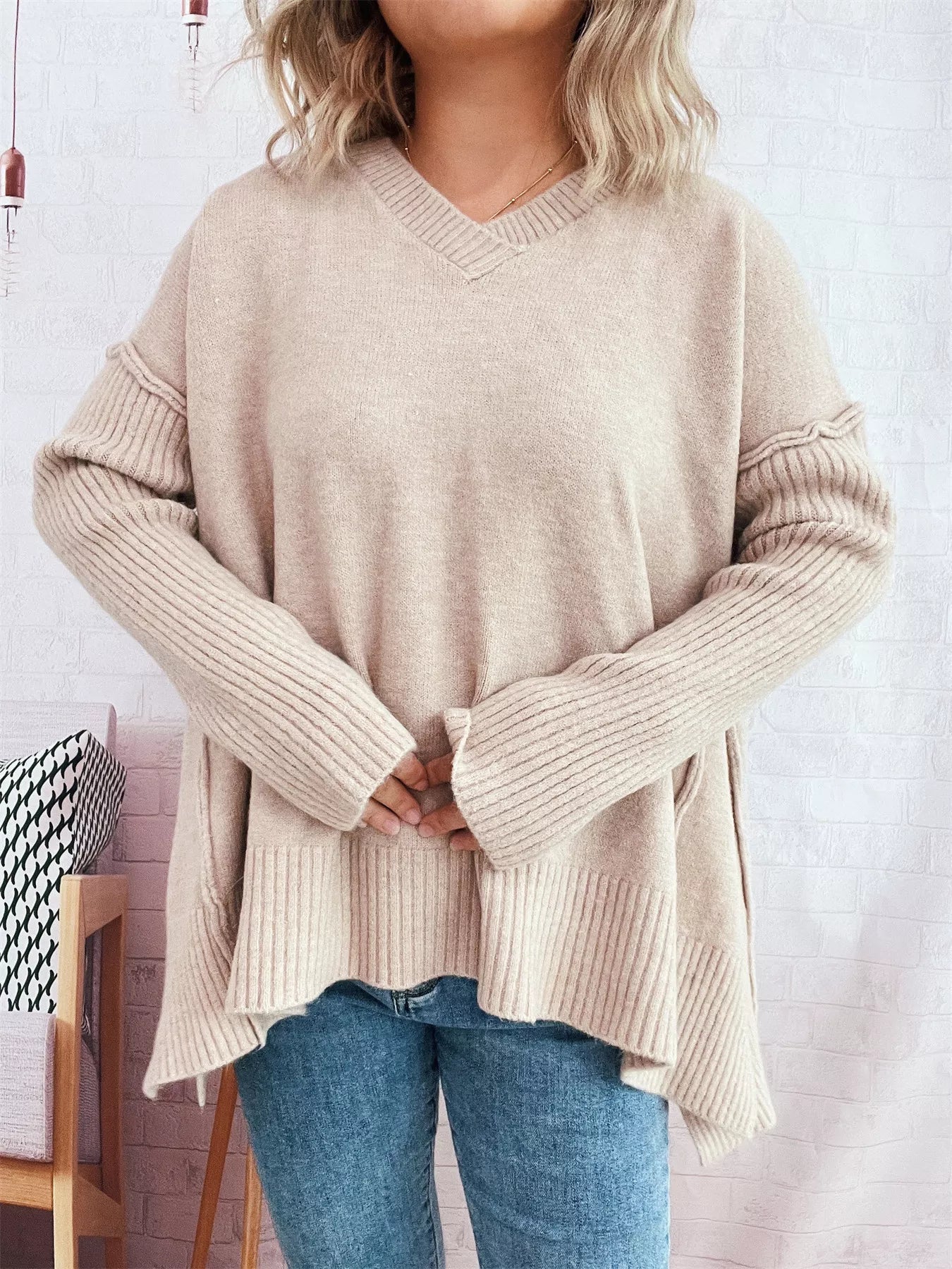 V-Neck Dropped Shoulder Sweater  Shop One Place