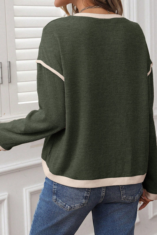 Four Leaf Clover Contrast Color Trim Knit Drop Shoulder Loose Top  Shop One Place