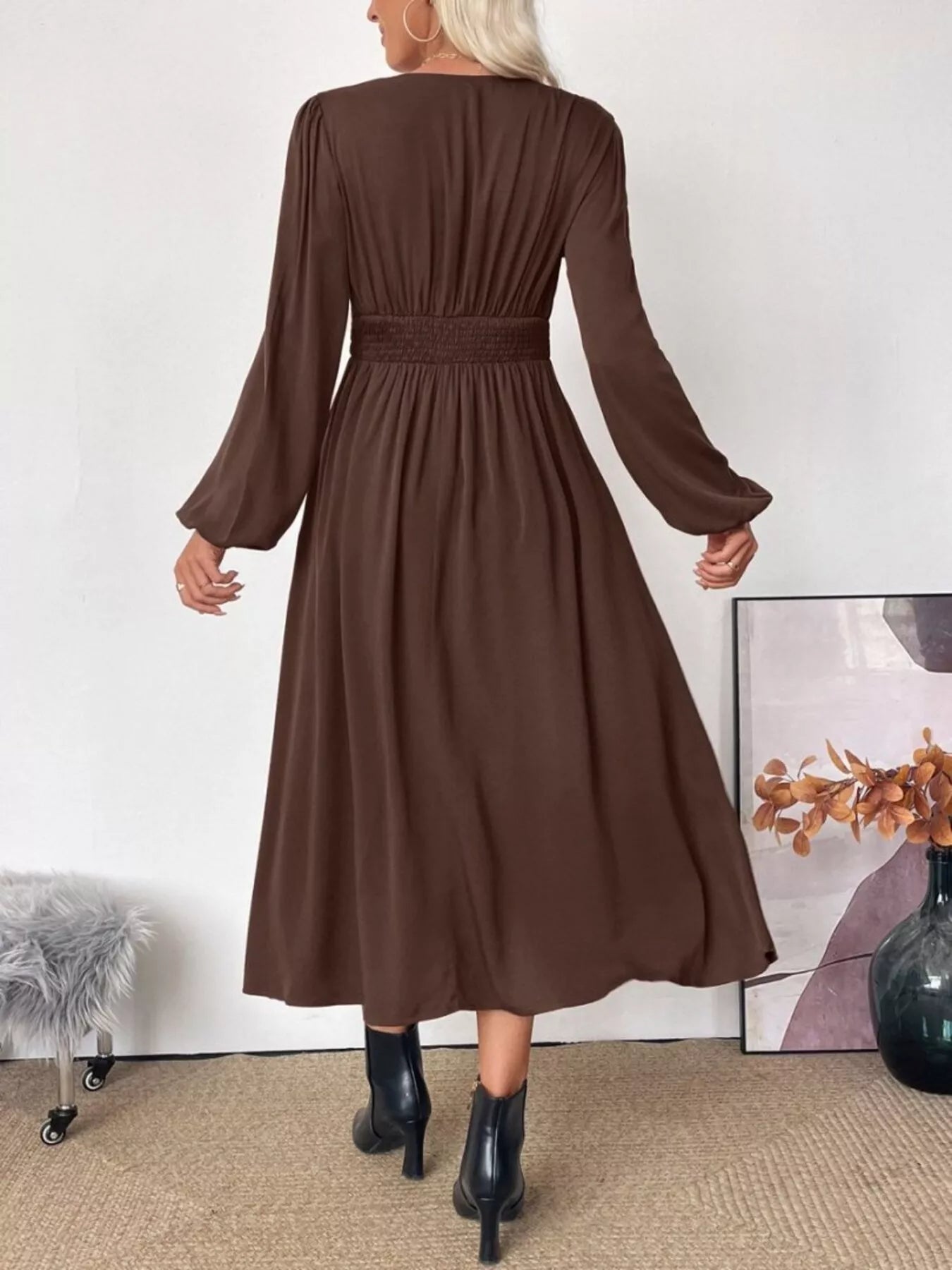 V-Neck Long Sleeve A-Line Midi Dress  Shop One Place