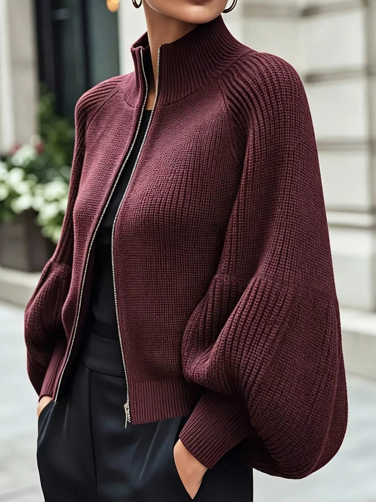 Women's Ribbed Knit Zip-Up Cardigan with Lantern Sleeves