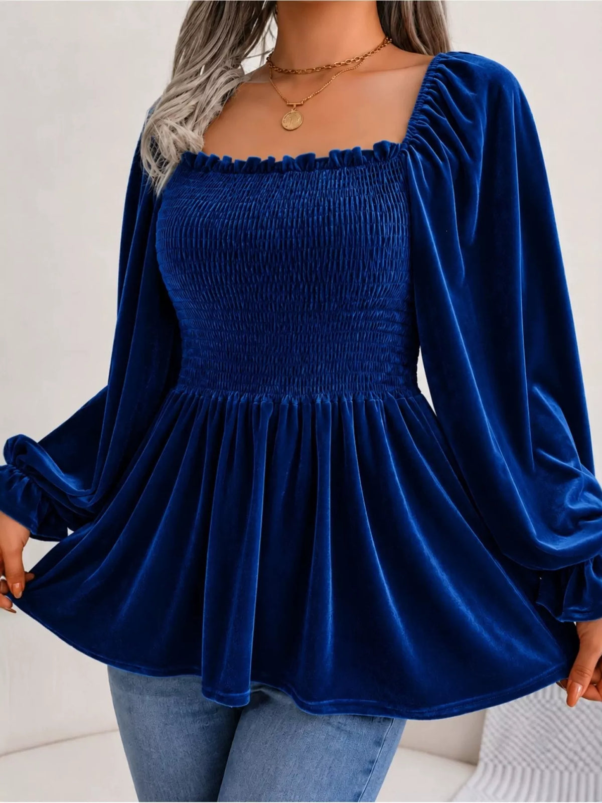Women's Velvet Smocked Peplum Blouse – view 10