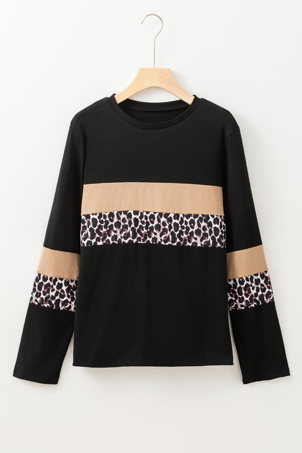 Khaki Leopard Colorblock Patchwork Crew Neck Top