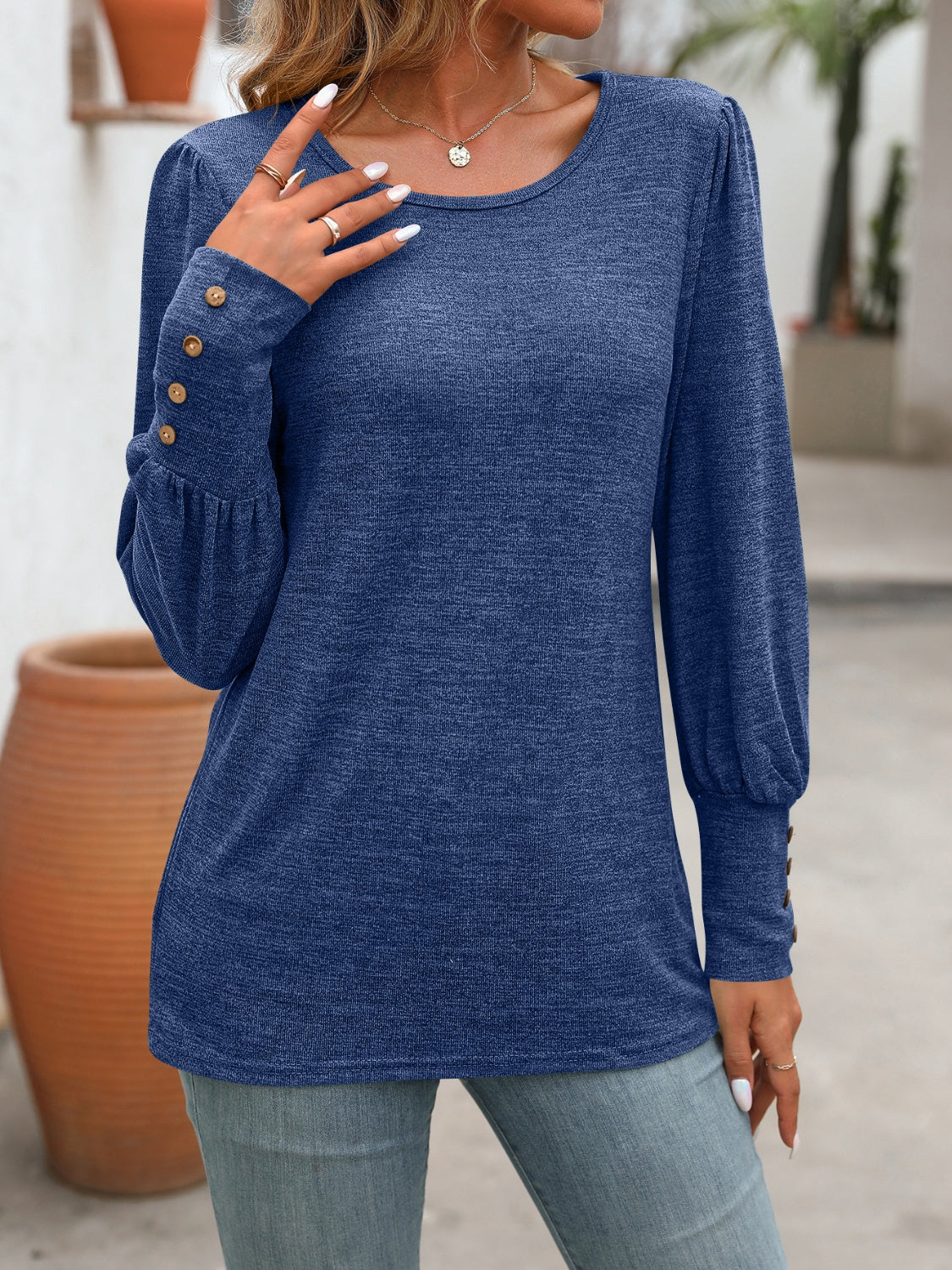 Decorative Button Round Neck Long Sleeve T-Shirt  Shop One Place