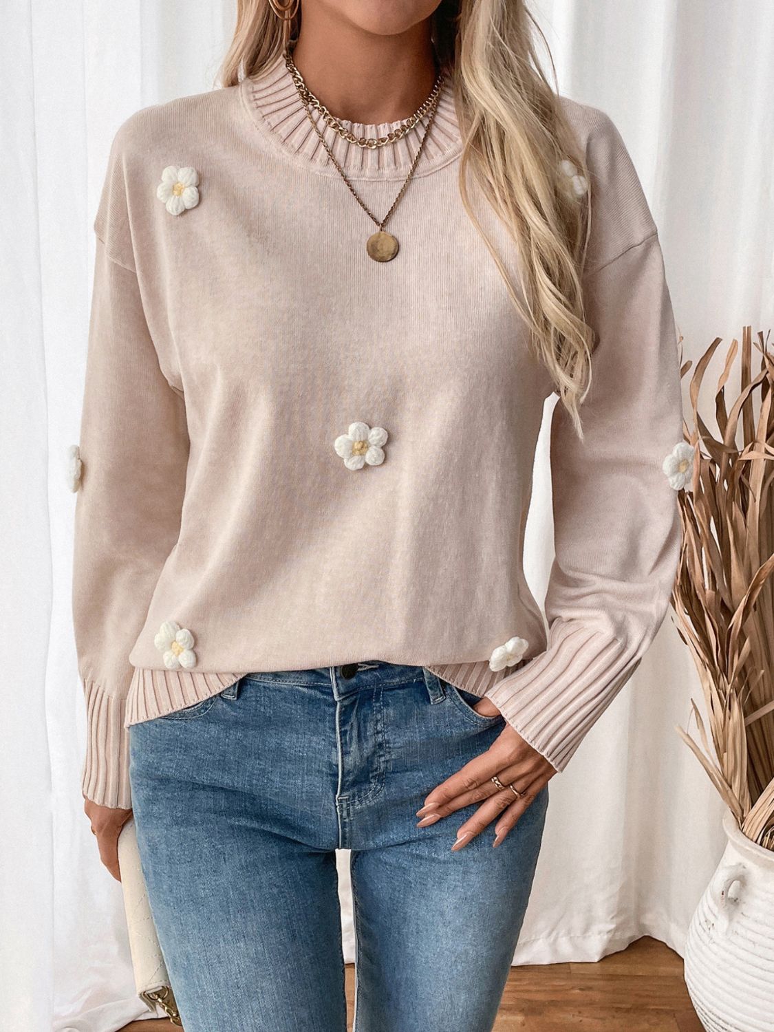 Perfee Flower Round Neck Long Sleeve Sweater  Shop One Place