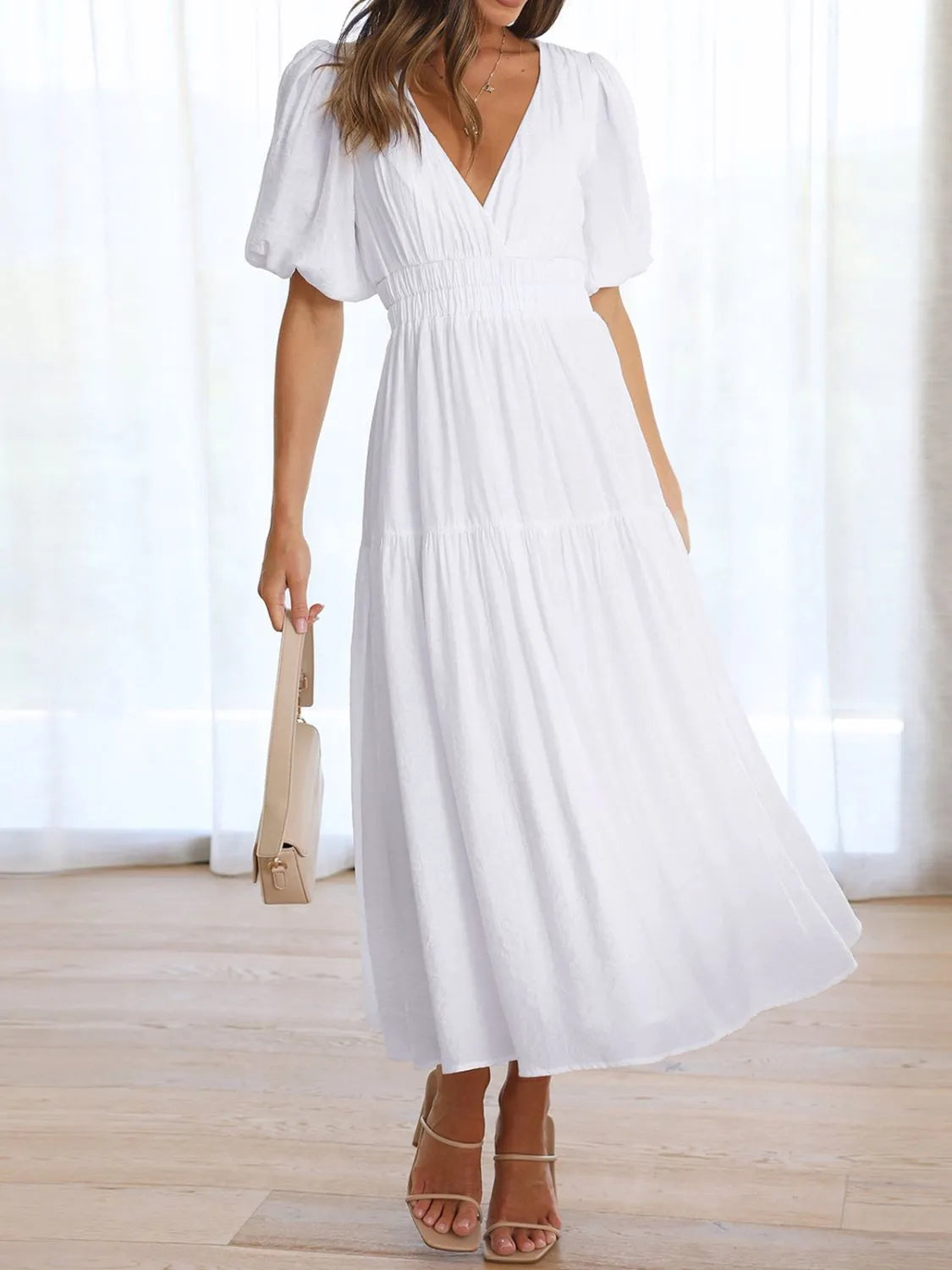 V-Neck Puff Sleeve Midi Dress  Shop One Place