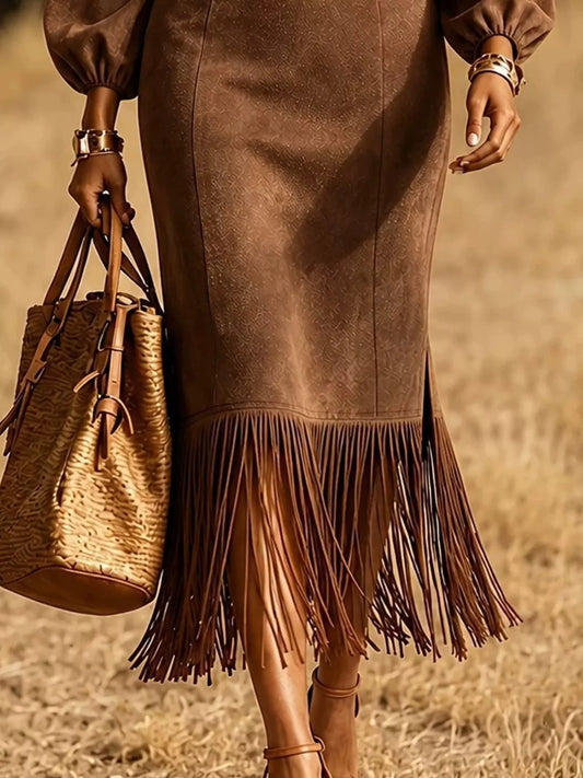 Women's Fringe Hem Balloon Sleeve Midi Dress – view 2