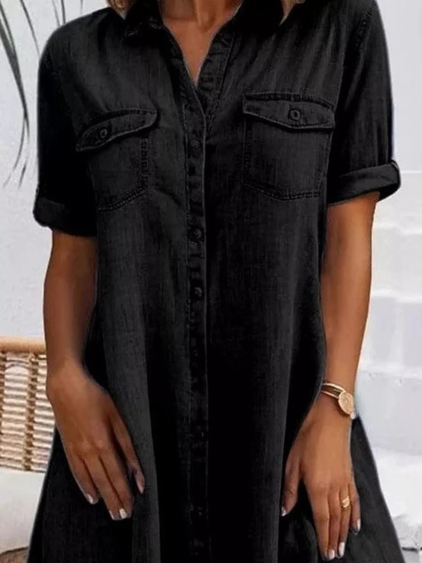 Full Size Button-Front Short Sleeve Denim Dress Plus Size  Shop One Place