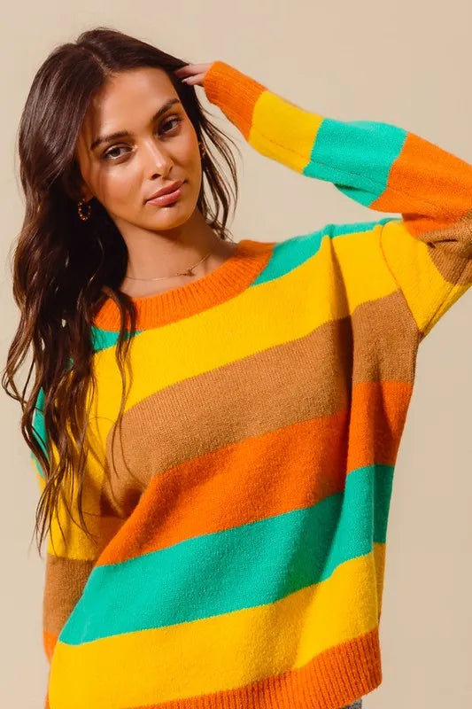 SO ME Multi Color Stripe Sweater with Ribbed Detail  Shop One Place