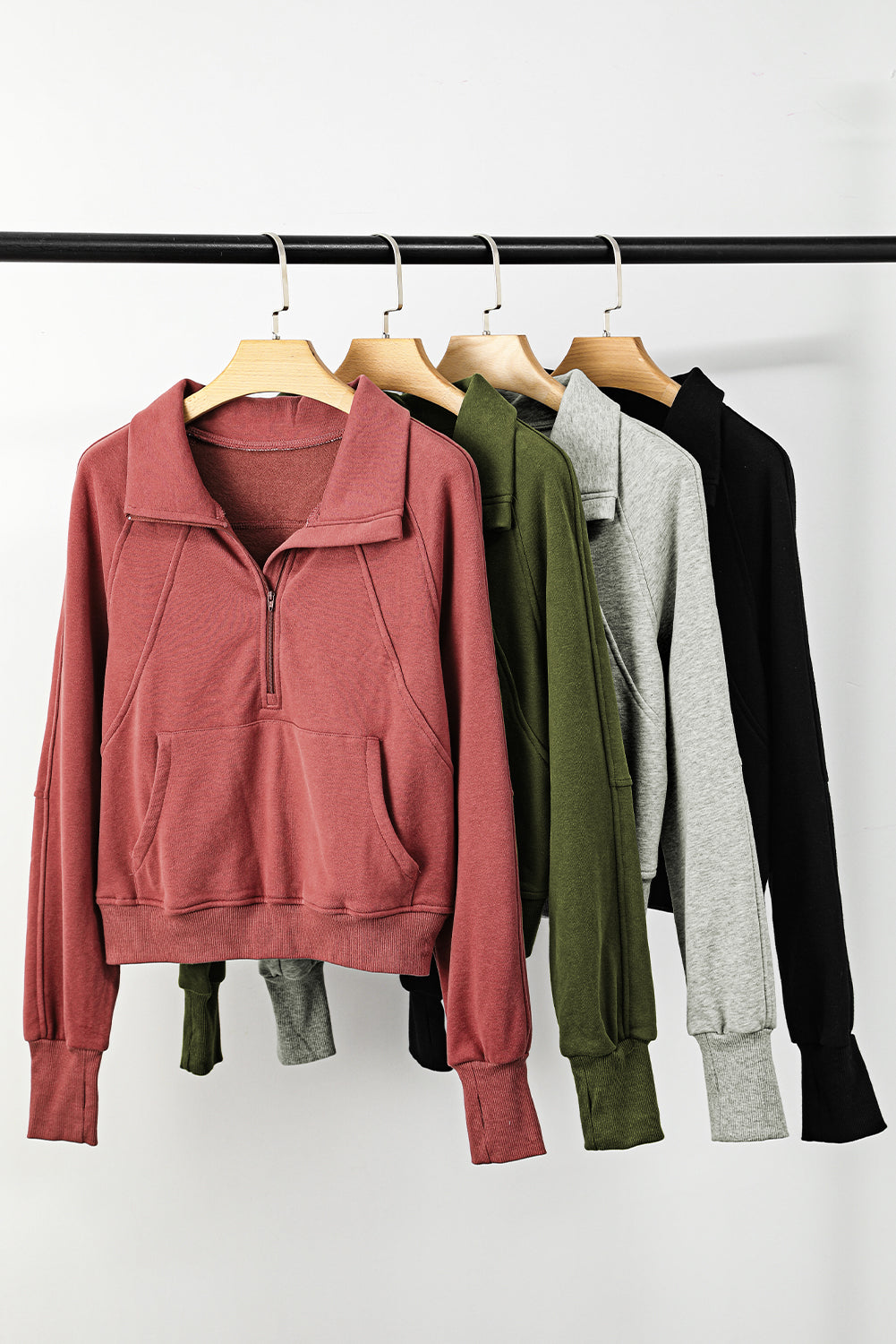 Zip Up Stand Collar Ribbed Thumbhole Sleeve Sweatshirt