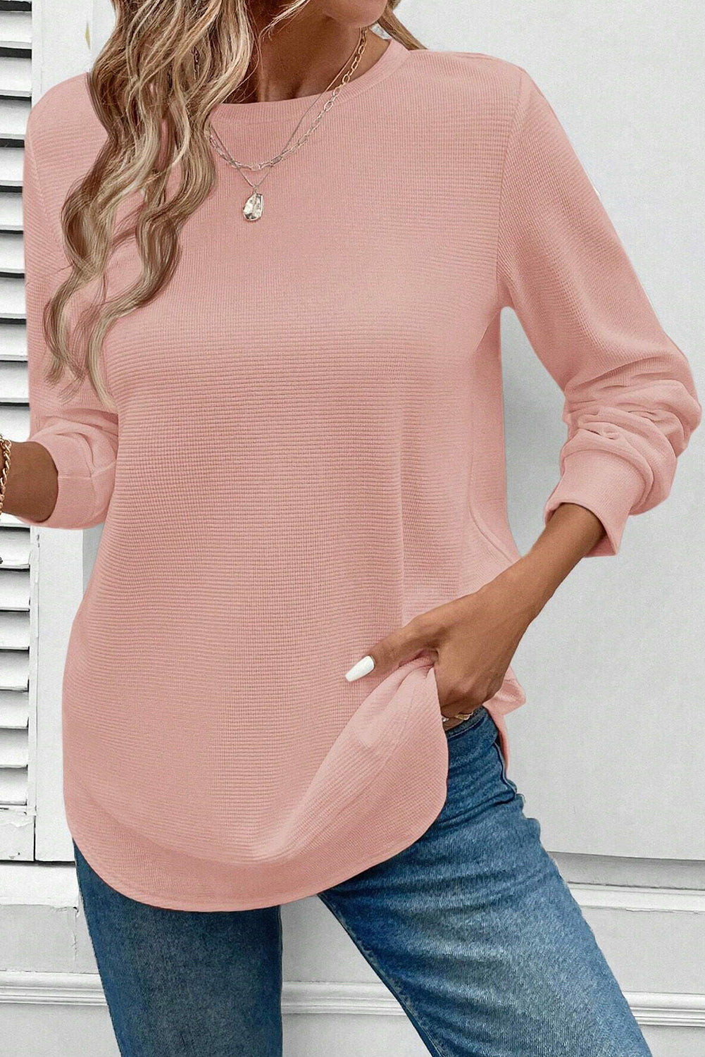Gossamer Pink Rounded Hem Waffle Plain Long Sleeve Top  Shop One Place