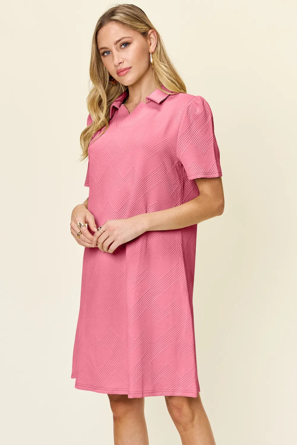 Double Take Full Size Texture Collared Neck Short Sleeve Dress  Shop One Place