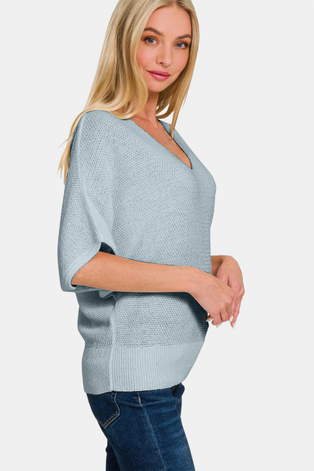 Zenana Blue Gray V-Neck Short Sleeve Dolman Sweater