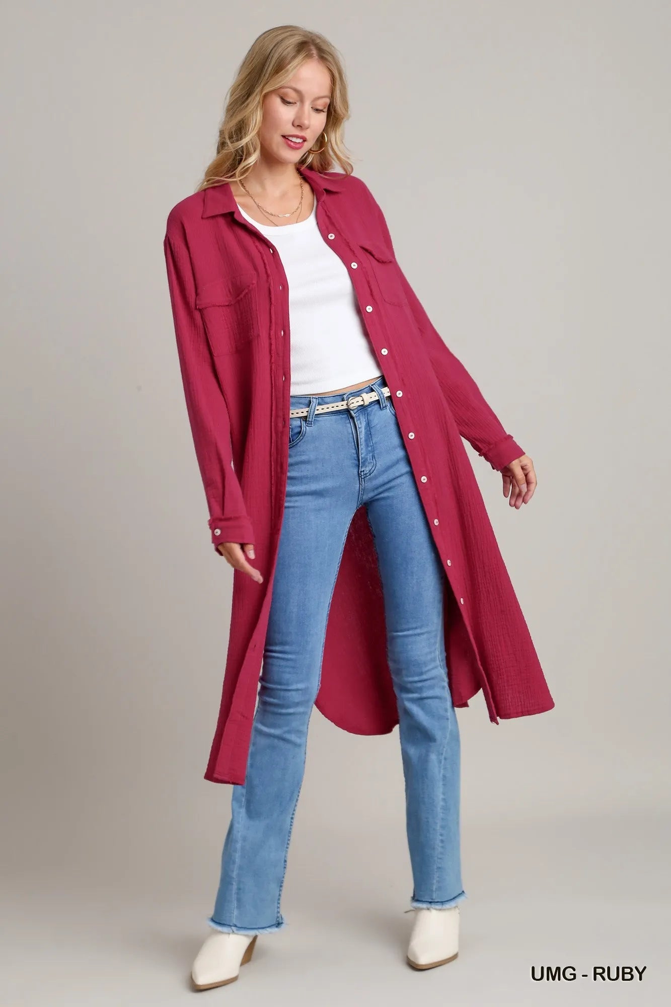 Umgee Cotton Gauze Button Down Shirt Dress  Shop One Place