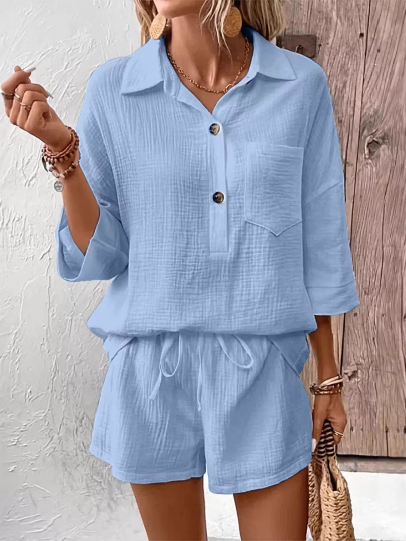 Button Detail Top and Shorts Set  Shop One Place