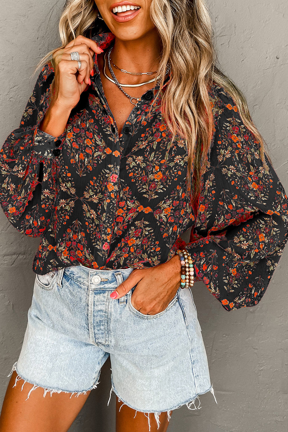 Strawberry Pink Floral Print Collared Button Up Puff Sleeve Shirt  Shop One Place