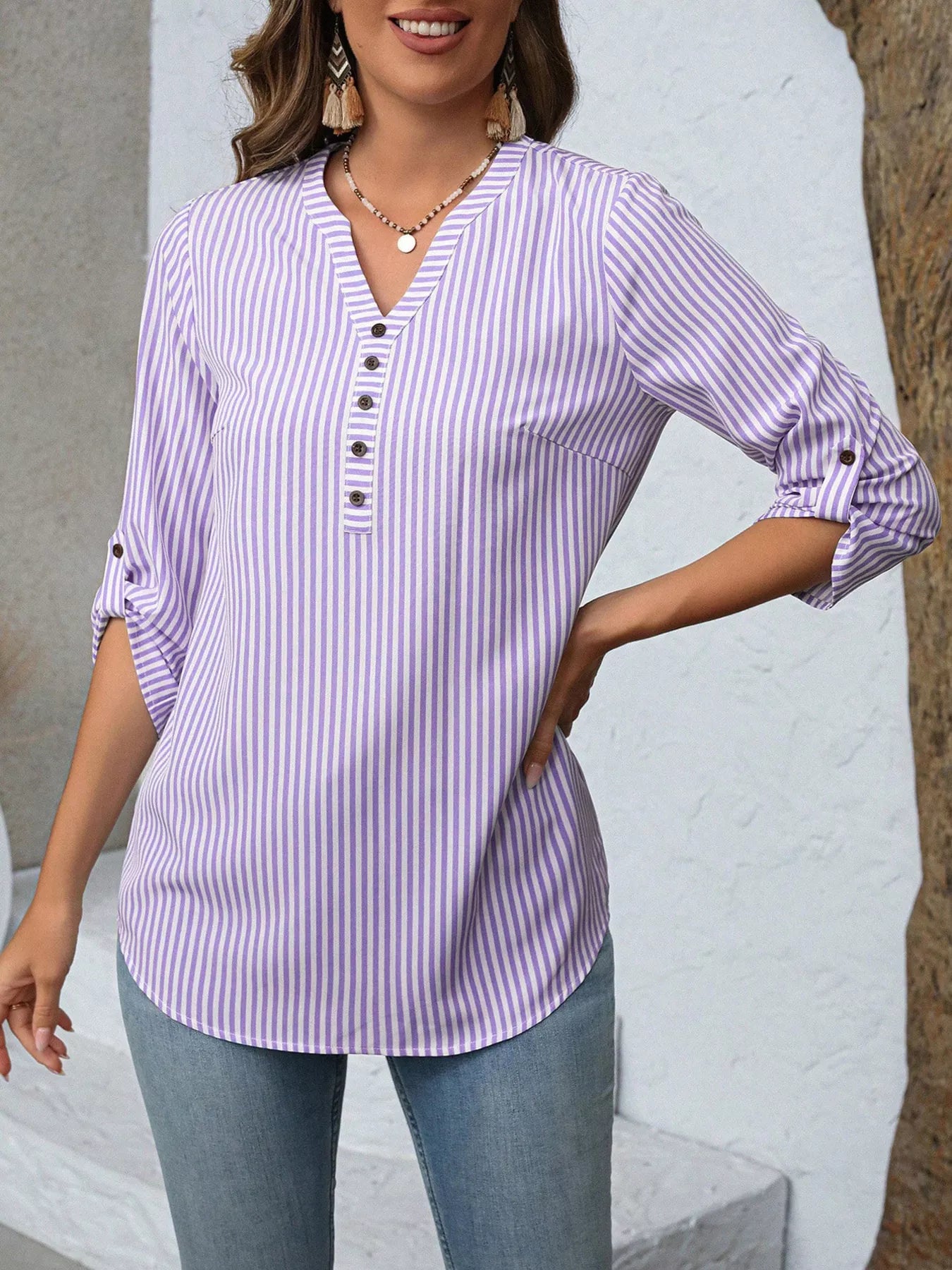 Striped V-Neck Roll-Up Sleeve Blouse  Shop One Place