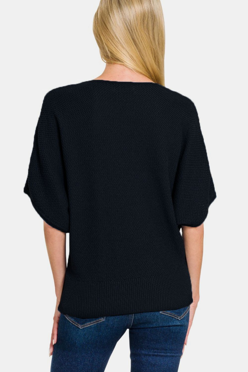 Zenana Black V-Neck Short Sleeve Dolman Sweater