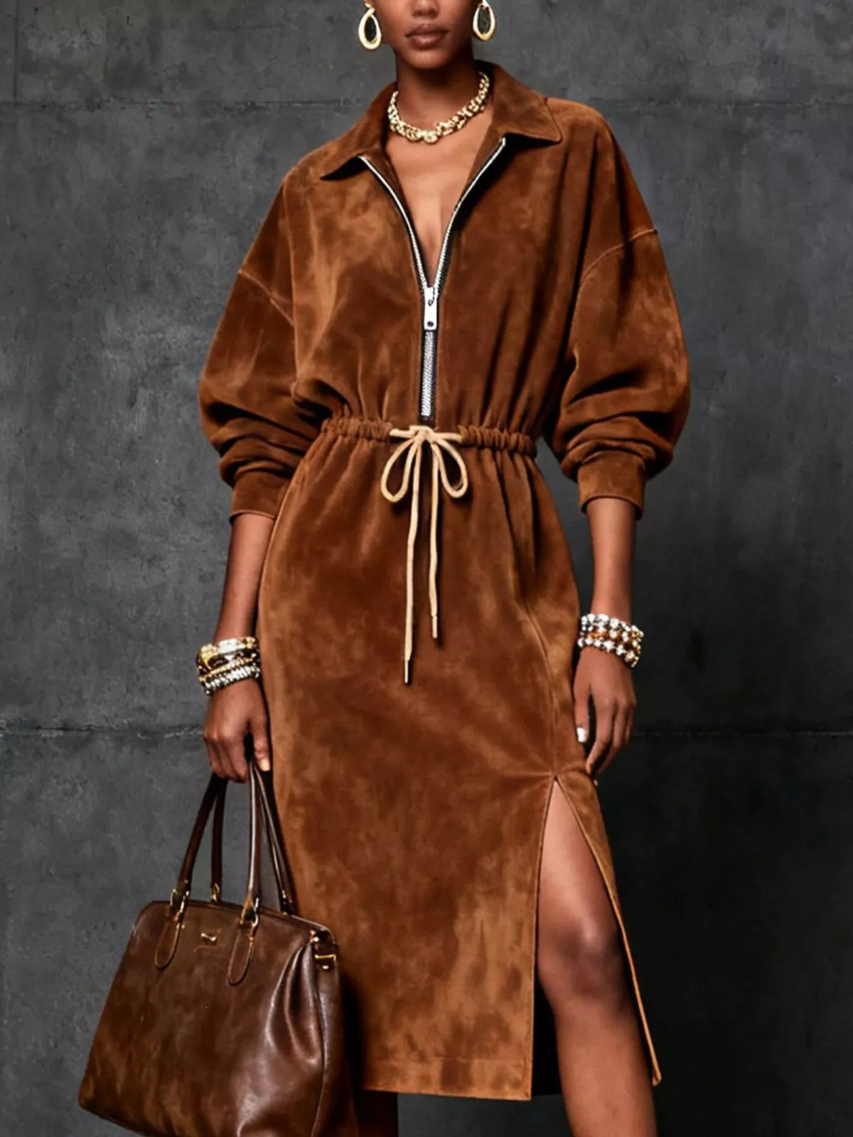 Women's Zip-Front Drawstring Midi Dress with Slit