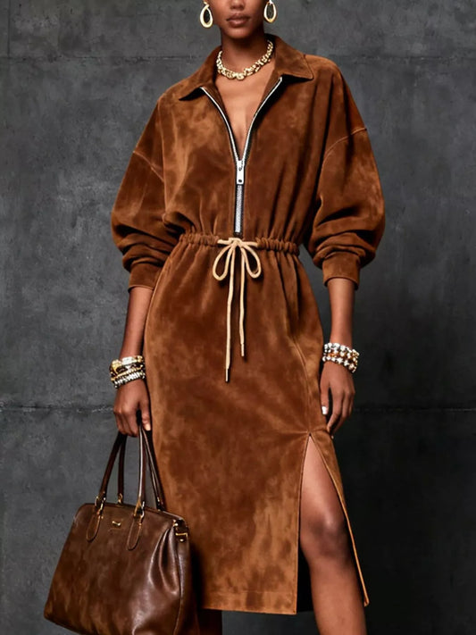 Women's Zip-Front Drawstring Midi Dress with Slit