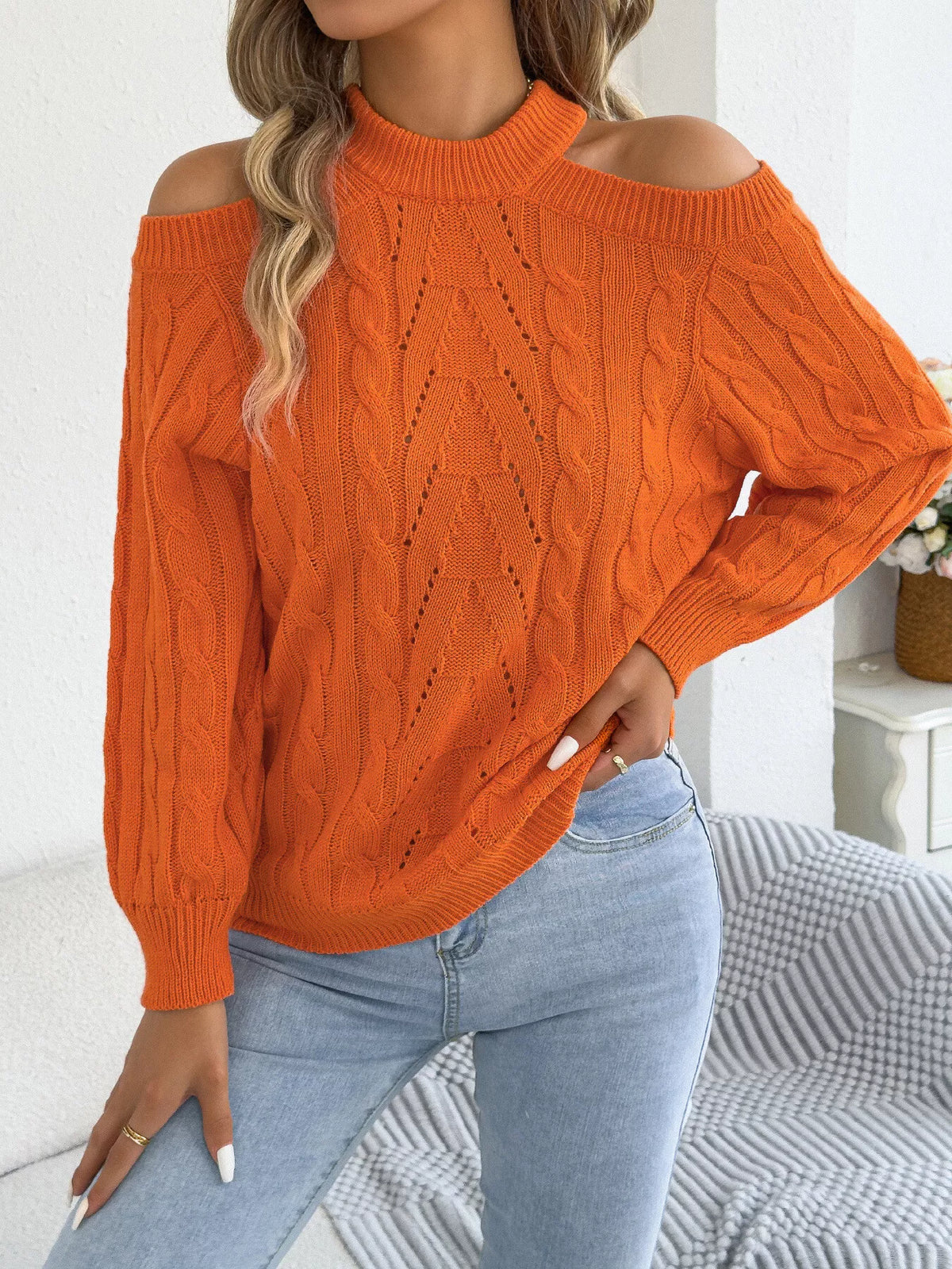 Women's Cold Shoulder Cable Knit Sweater – view 4