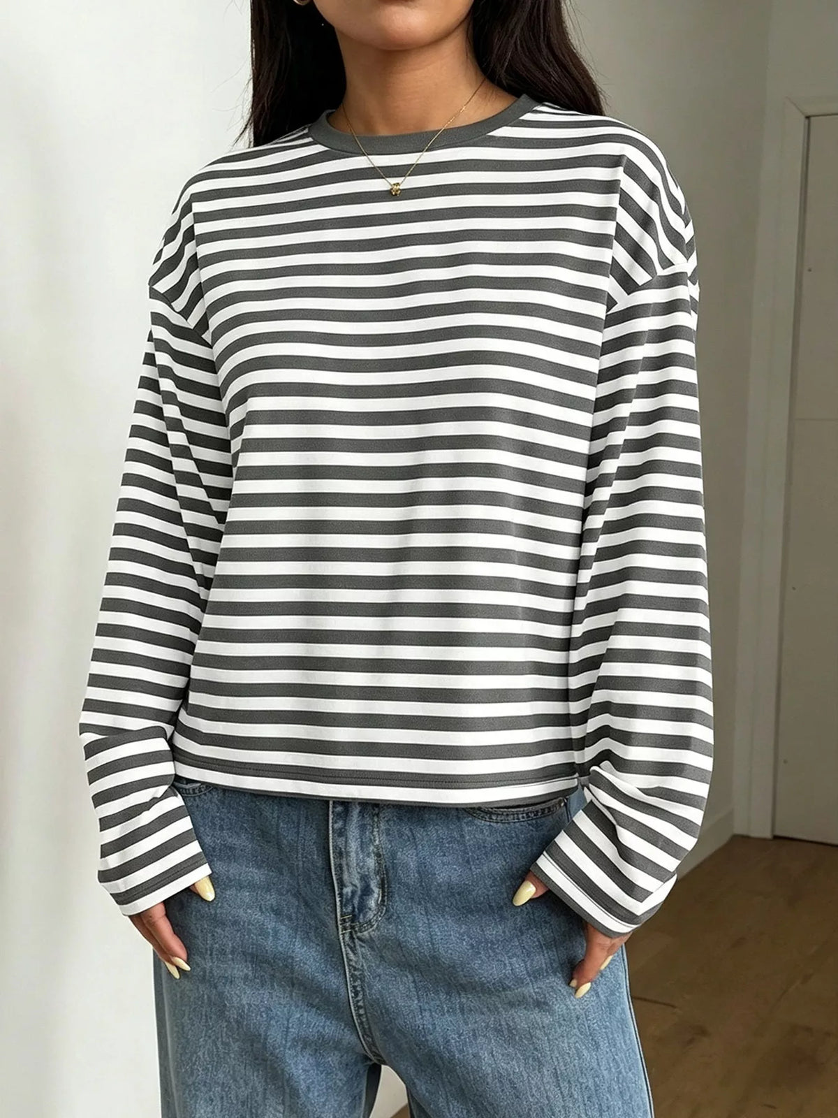 Striped Long Sleeve Crew Neck T-Shirt Plus Size in Multicolor