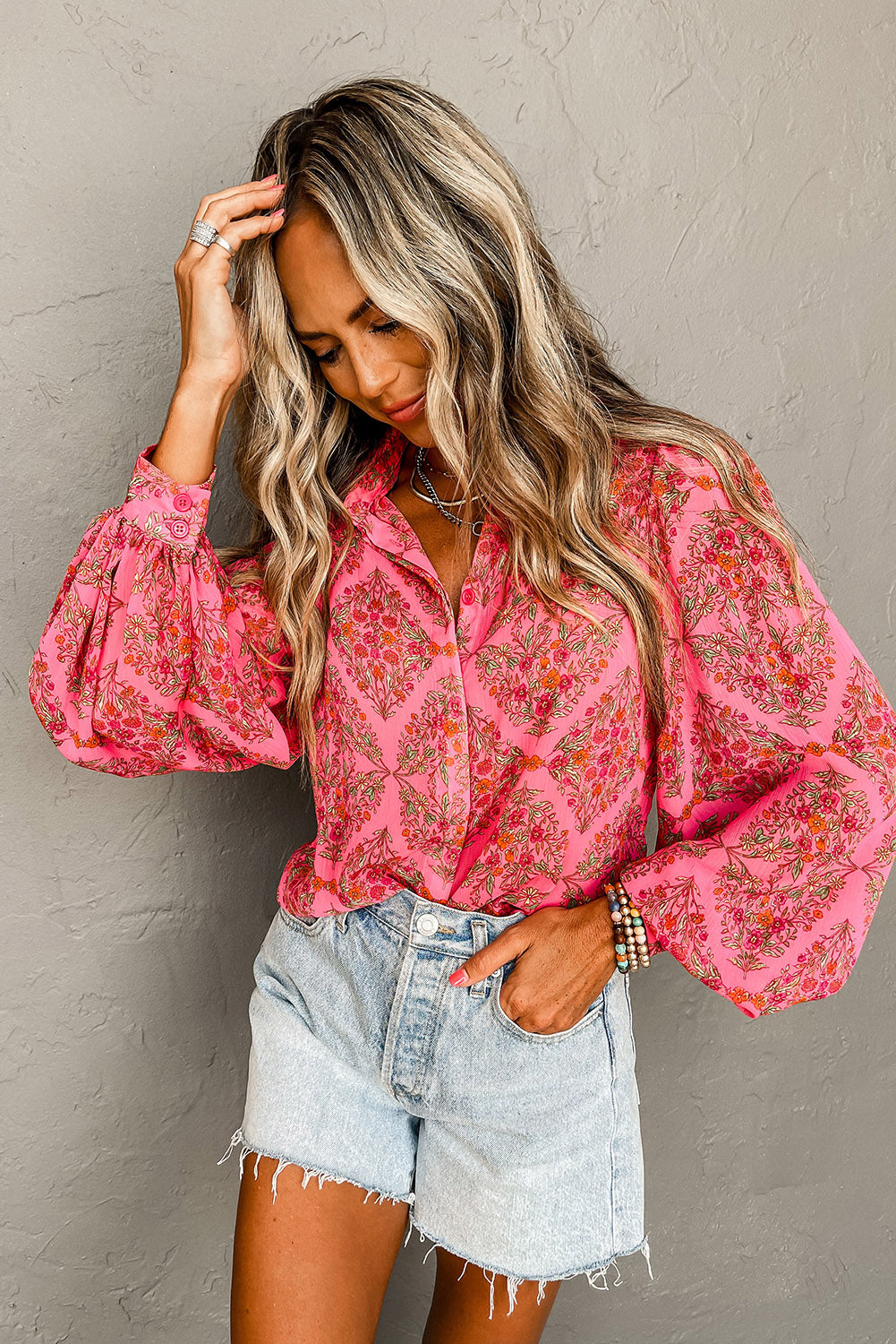 Strawberry Pink Floral Print Collared Button Up Puff Sleeve Shirt  Shop One Place