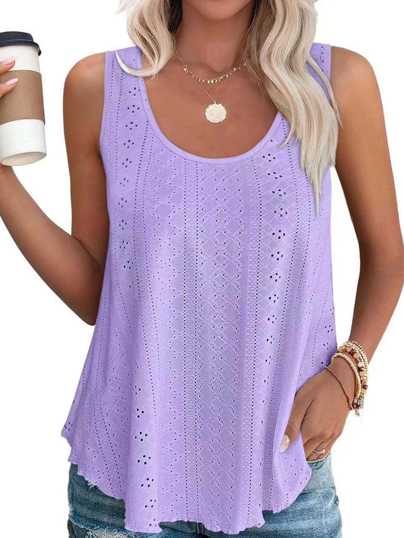 Eyelet Scoop Neck Tank  Shop One Place
