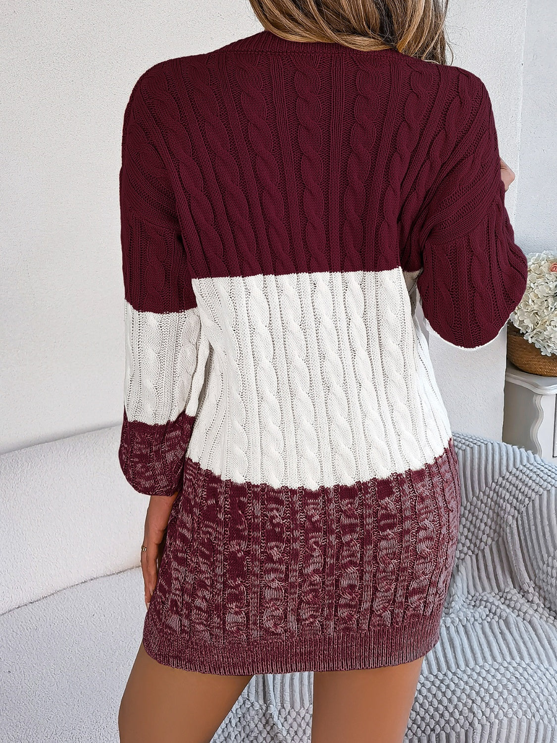 Cable-Knit Round Neck Color Block Sweater Dress  Shop One Place