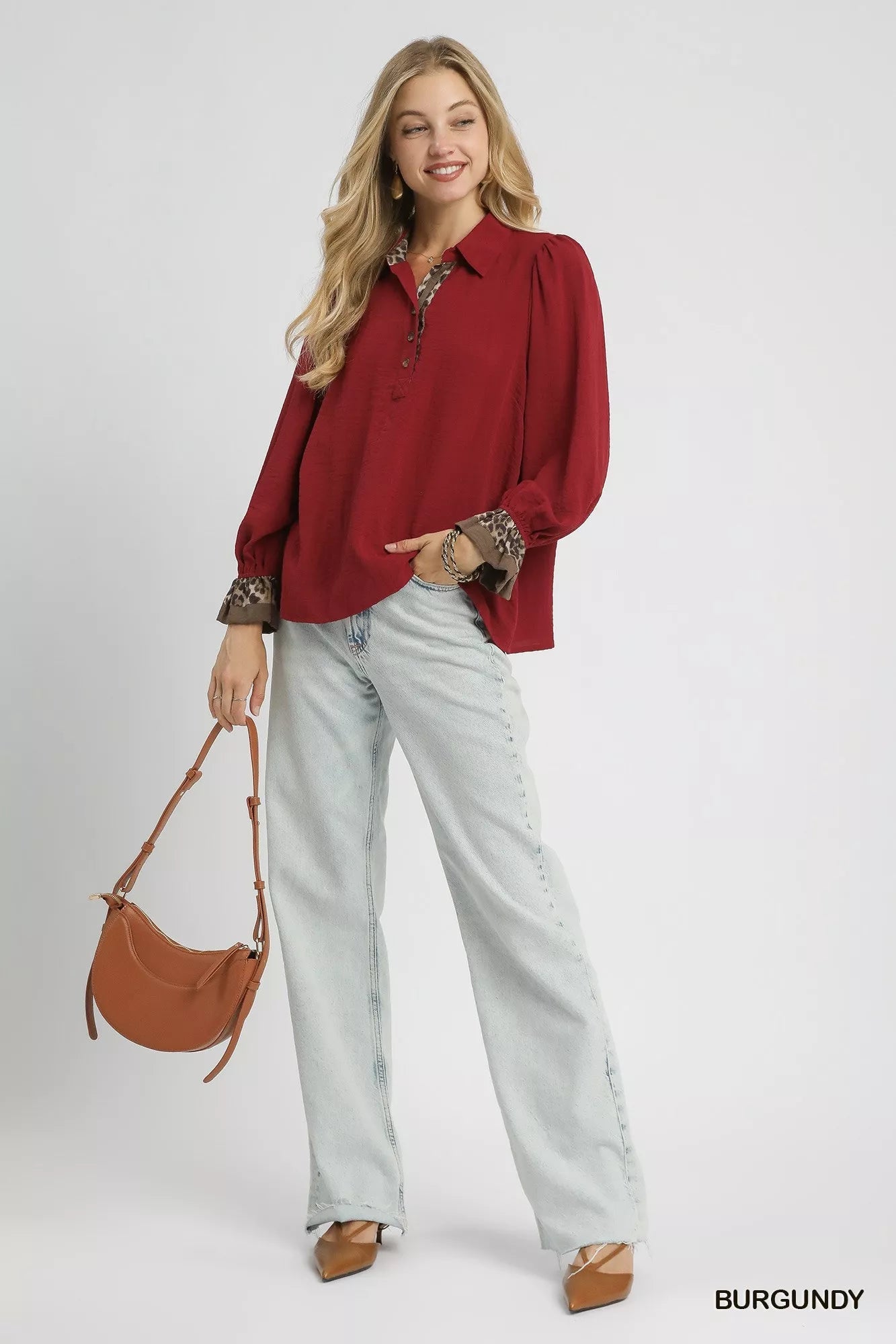 Umgee Half Button Blouse with Leopard Print Trim  Shop One Place