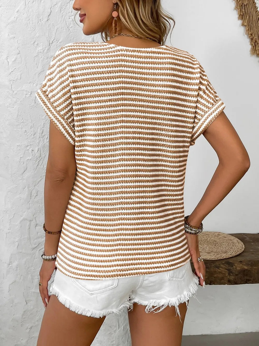 Striped V-Neck Short Sleeve T-Shirt  Shop One Place