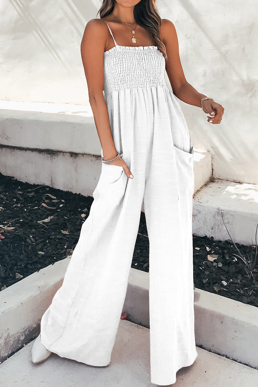 Smocked Spaghetti Strap Wide Leg Jumpsuit  Shop One Place