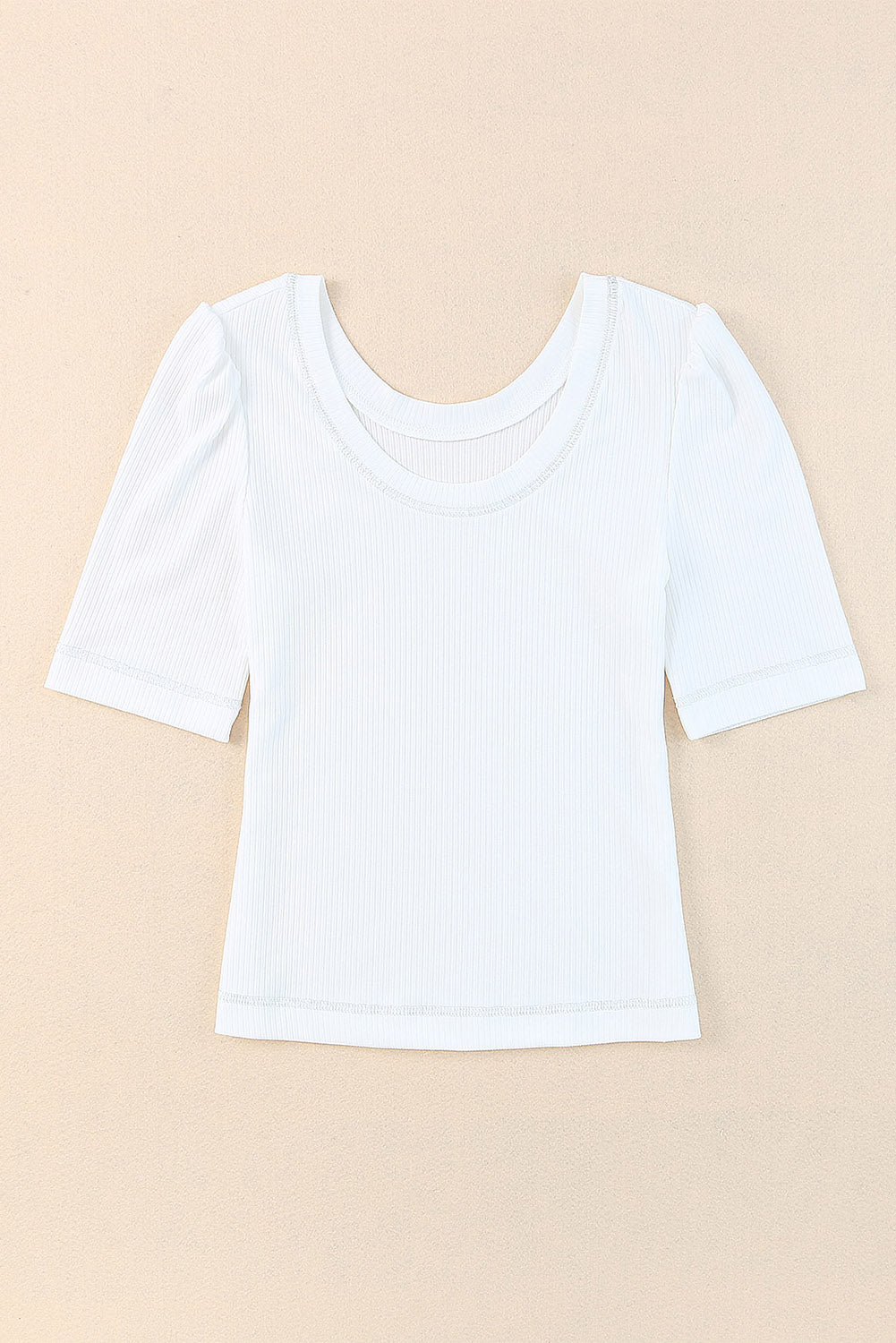 White Ribbed Knit Scoop Neck Half Sleeve Basic T Shirt