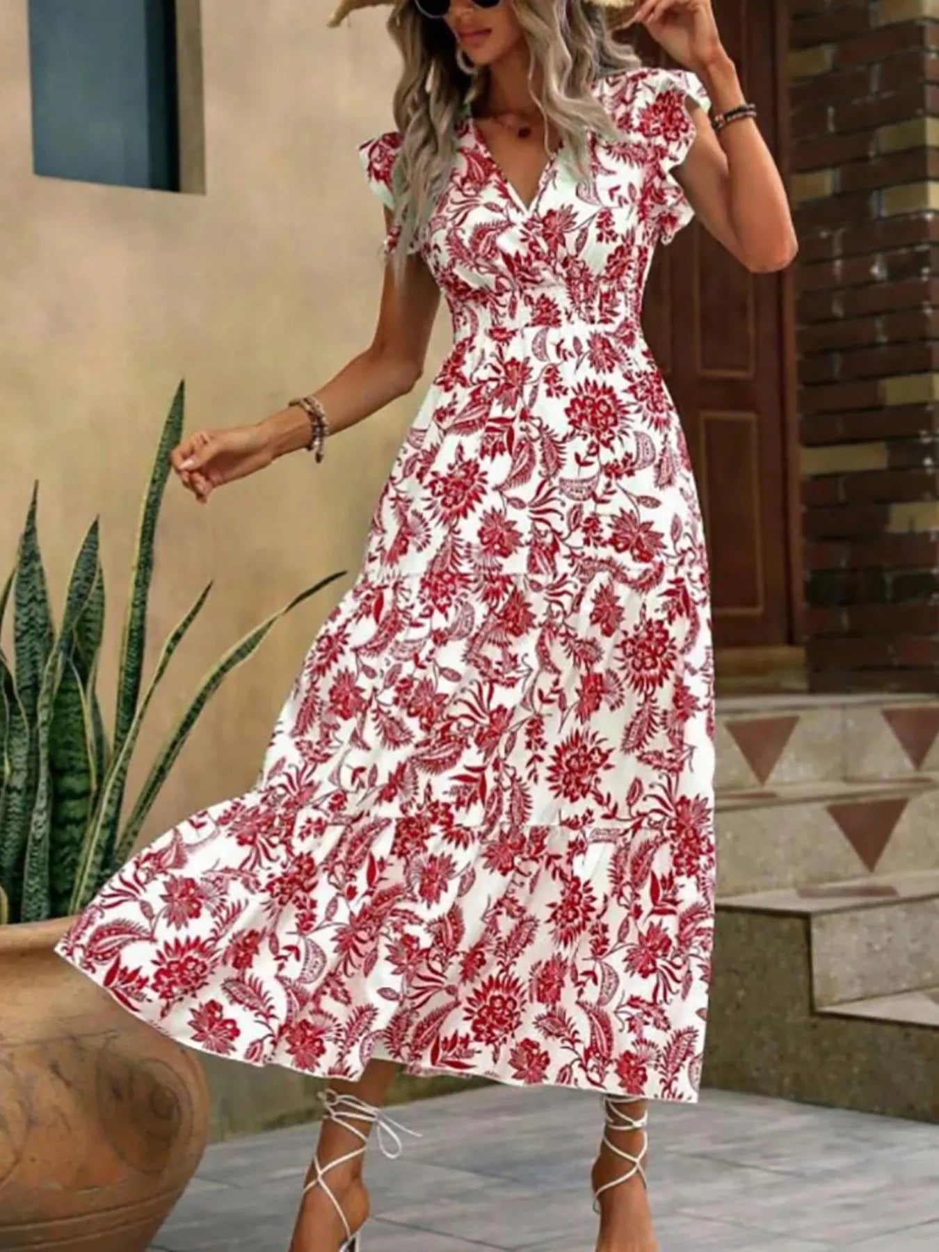 Floral Print Ruffle Sleeve Midi Dress  Shop One Place