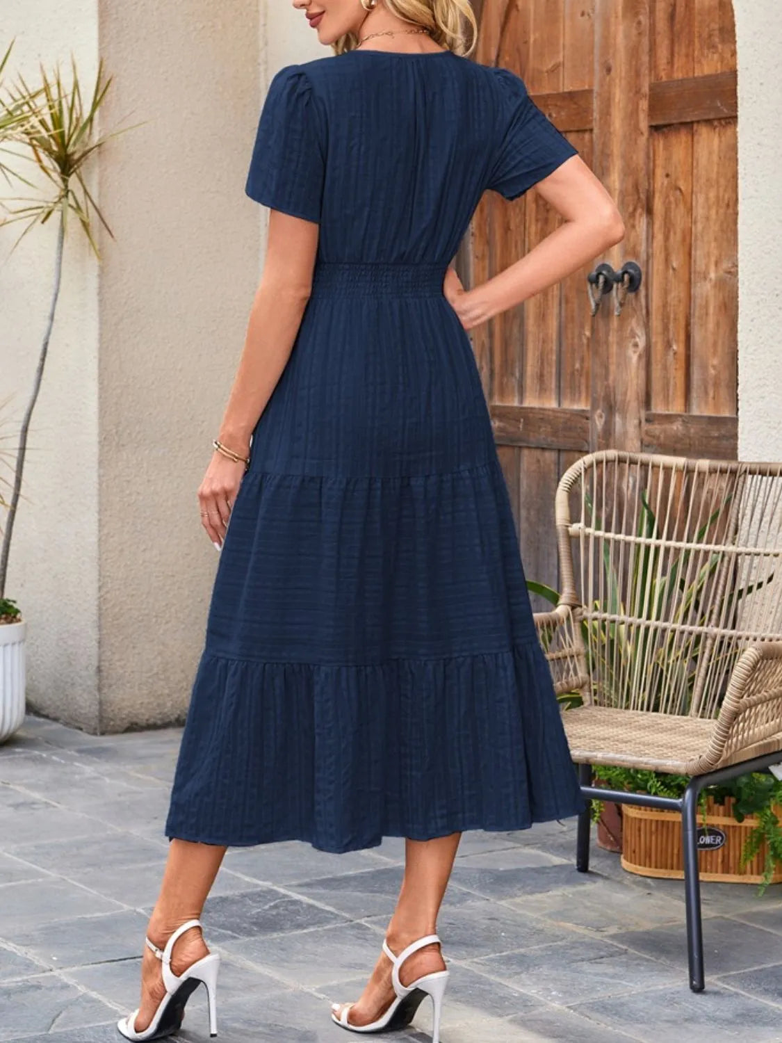 Tiered Notched Short Sleeve Dress  Shop One Place