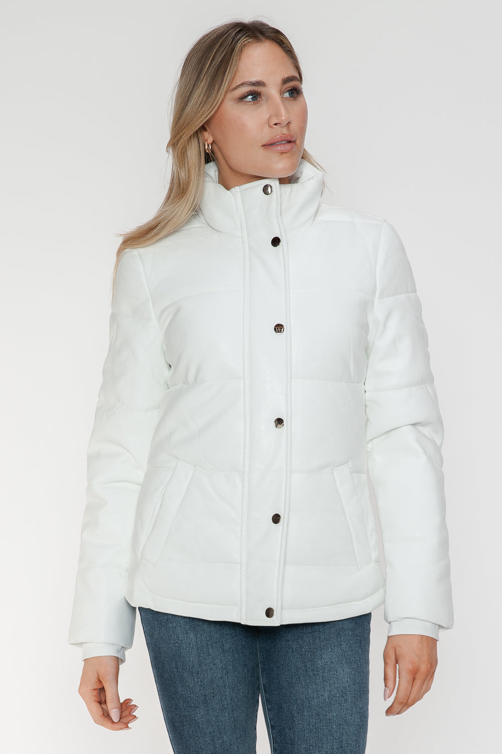 White YMI Pocketed Zip Up Turtleneck Puffer Jacket