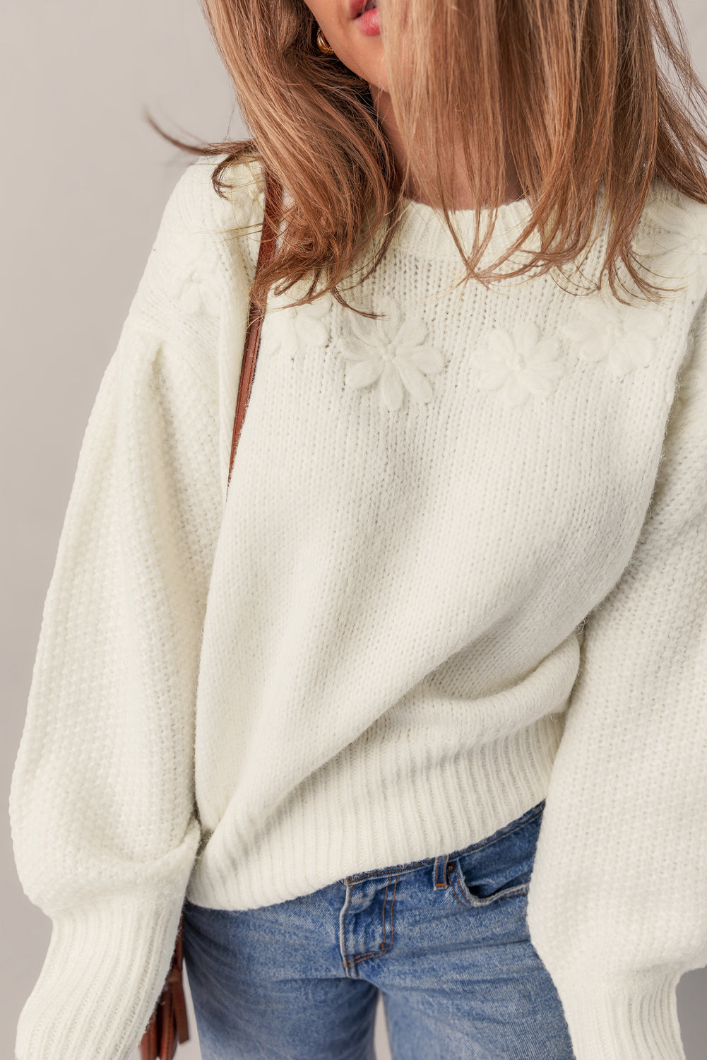 White Flower Detail Round Neck Contrast Textured Puff Sleeve Sweater  Shop One Place