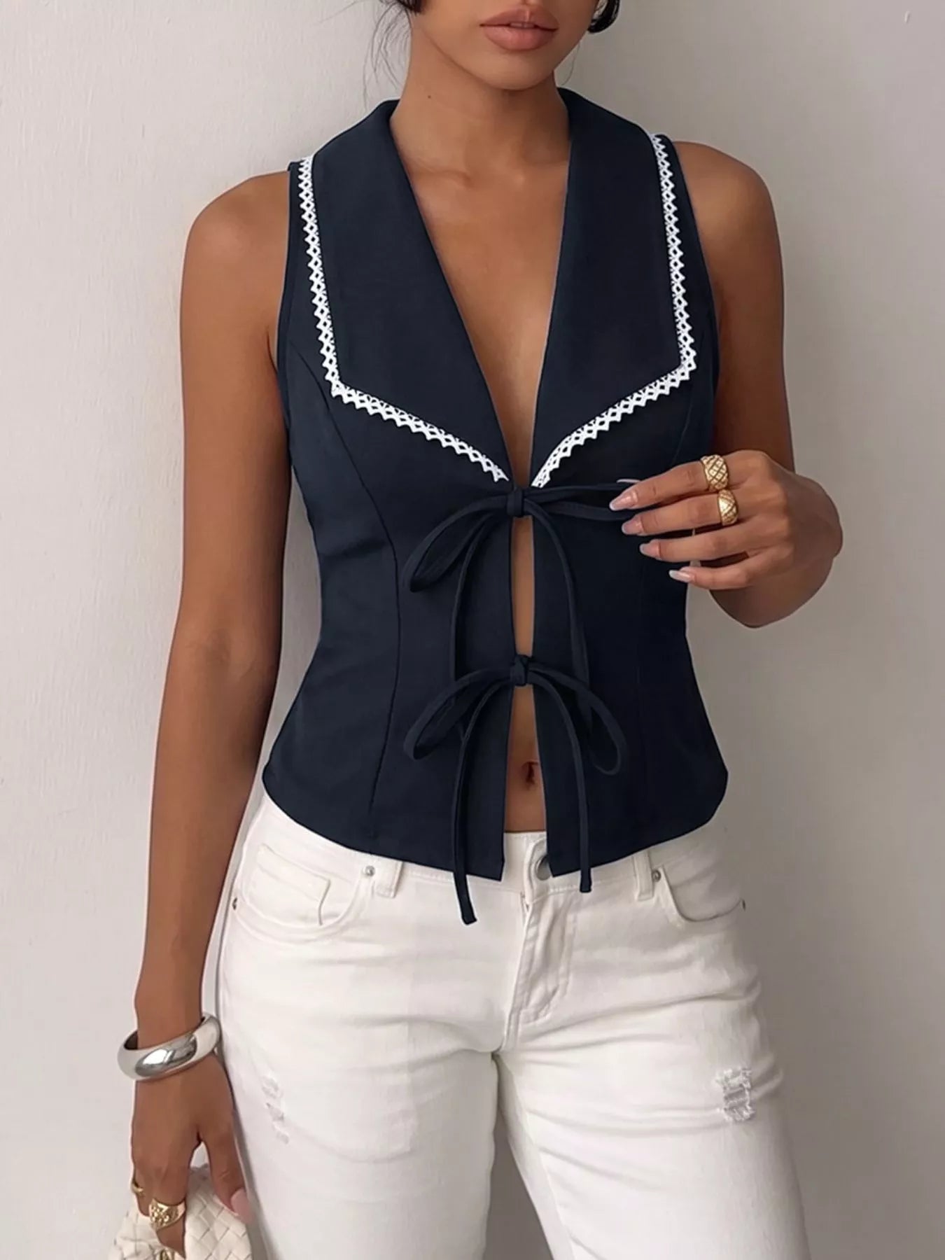 Lace Trim Tie-Front Vest  Shop One Place
