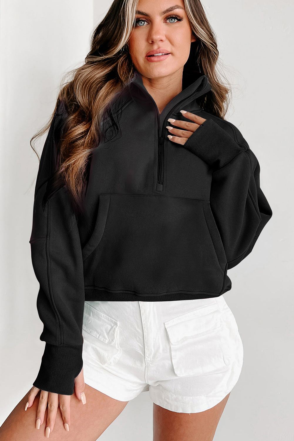 Zip Up Stand Collar Ribbed Thumbhole Sleeve Sweatshirt