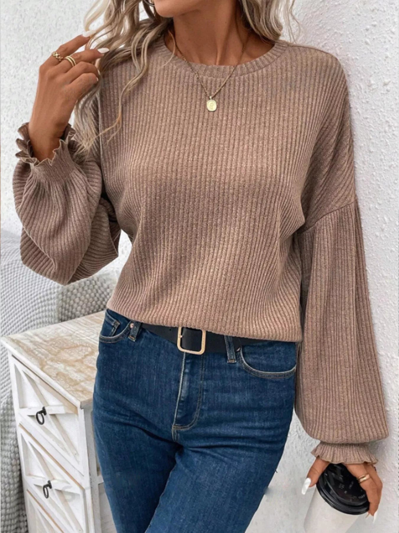 Ribbed Knit Long Sleeve T-Shirt  Shop One Place