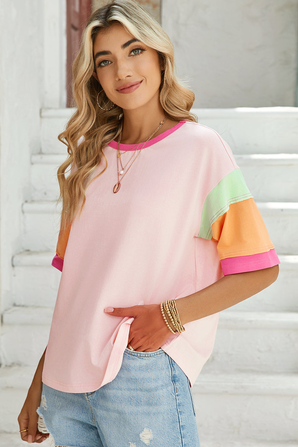 Green Color Block Sleeve Round Neck Oversize Top  Shop One Place