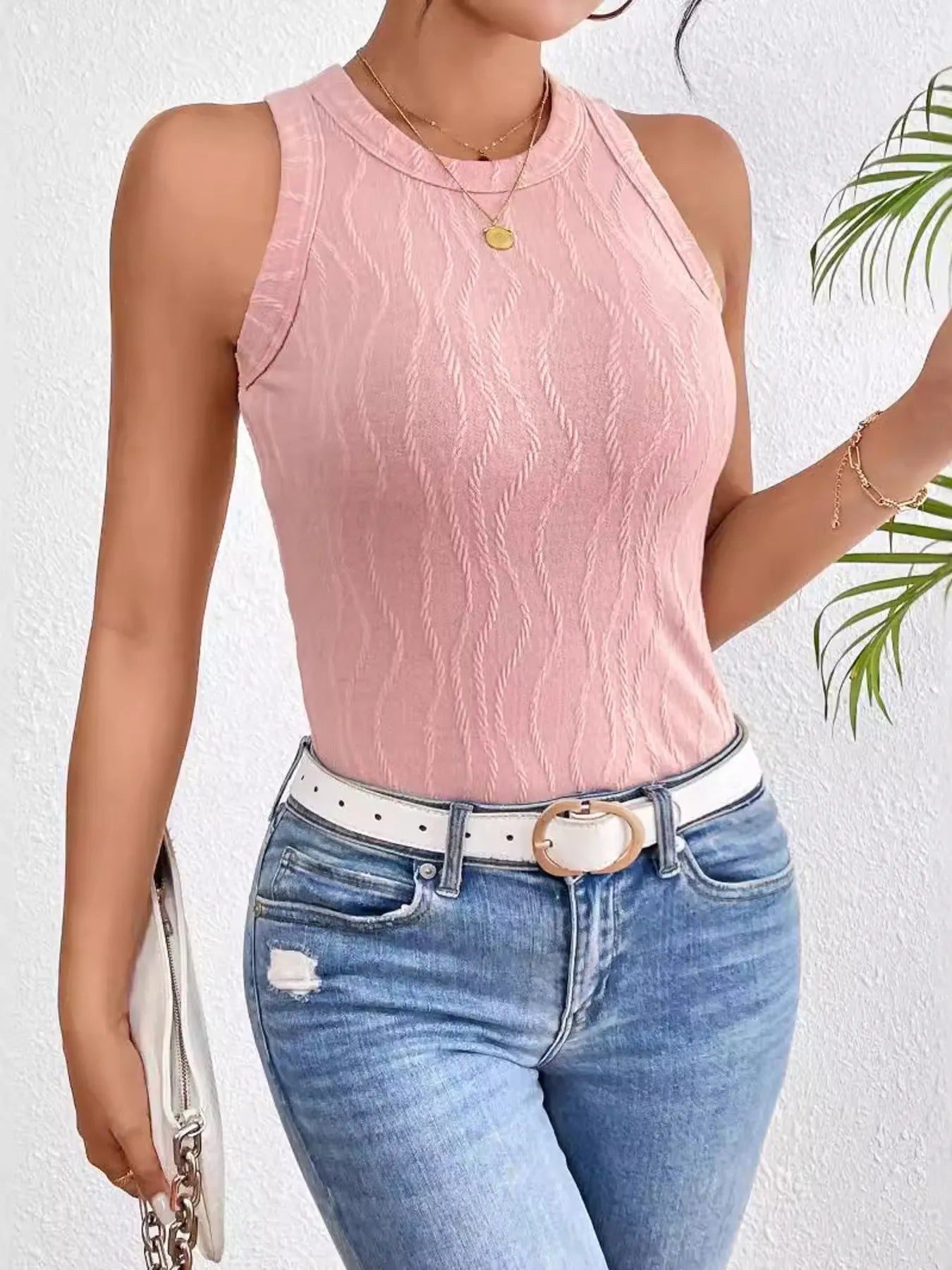 Textured Round Neck Tank Top  Shop One Place