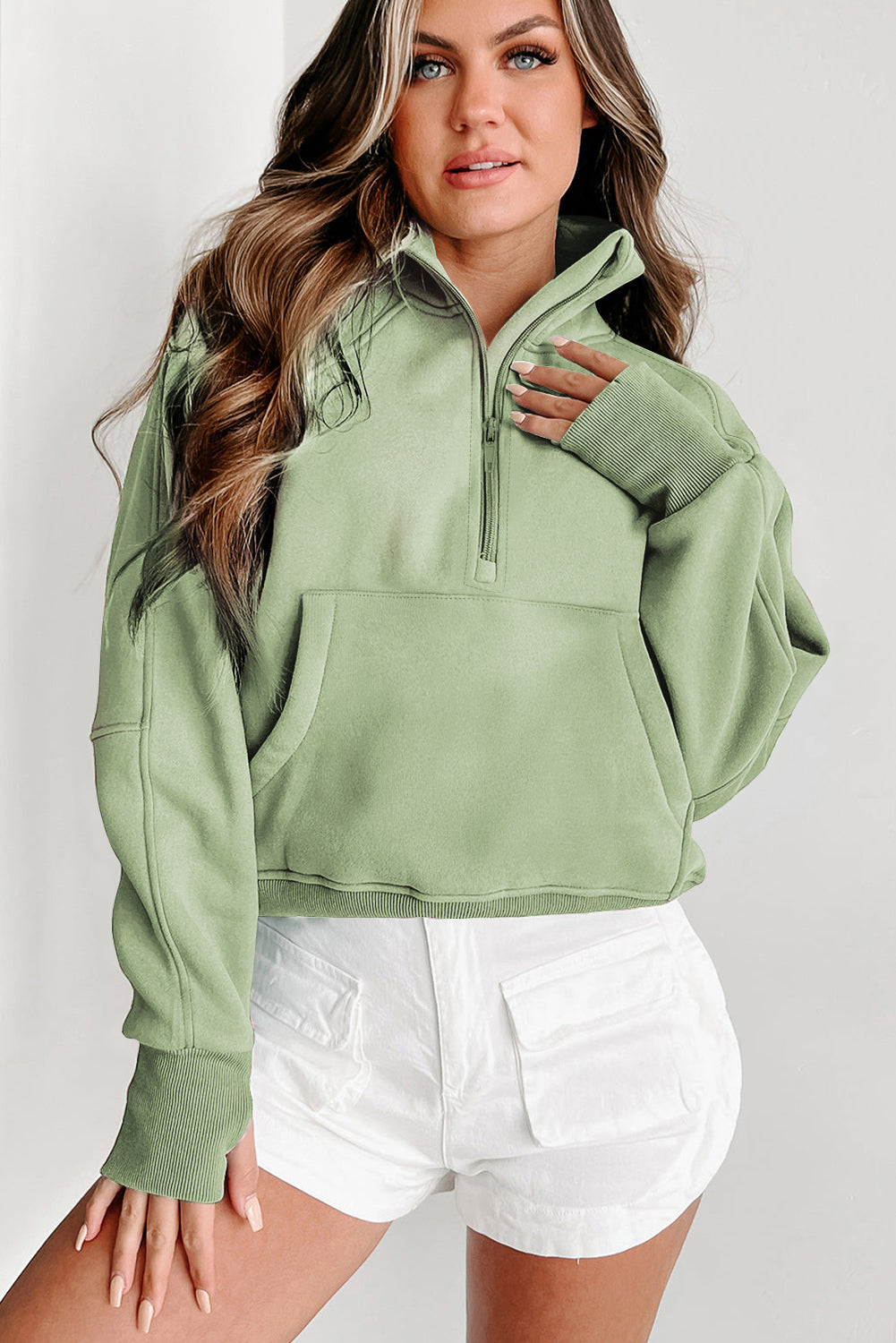 Zip Up Stand Collar Ribbed Thumbhole Sleeve Sweatshirt