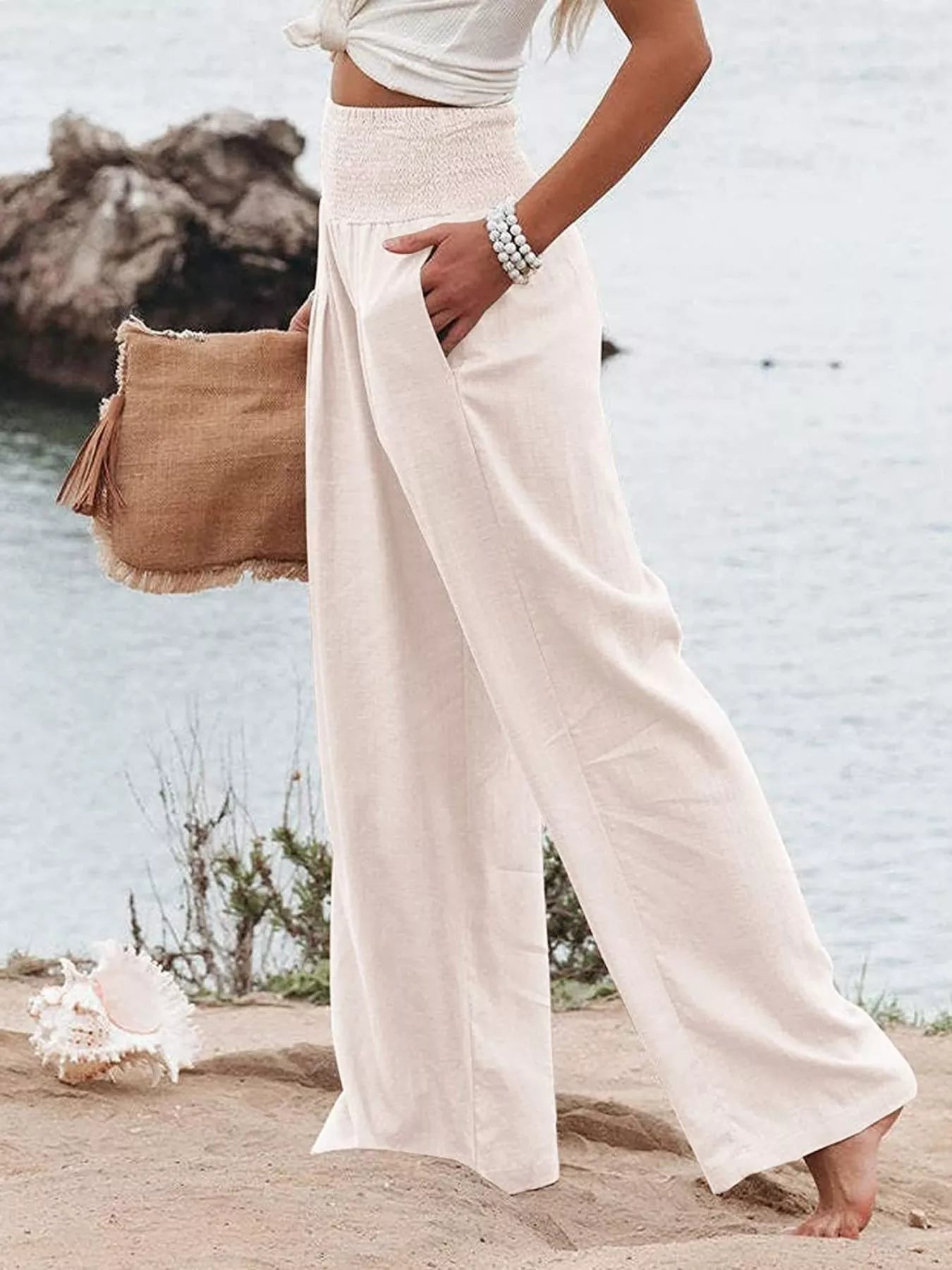 Smocked High Waisted Wide Leg Pants  Shop One Place