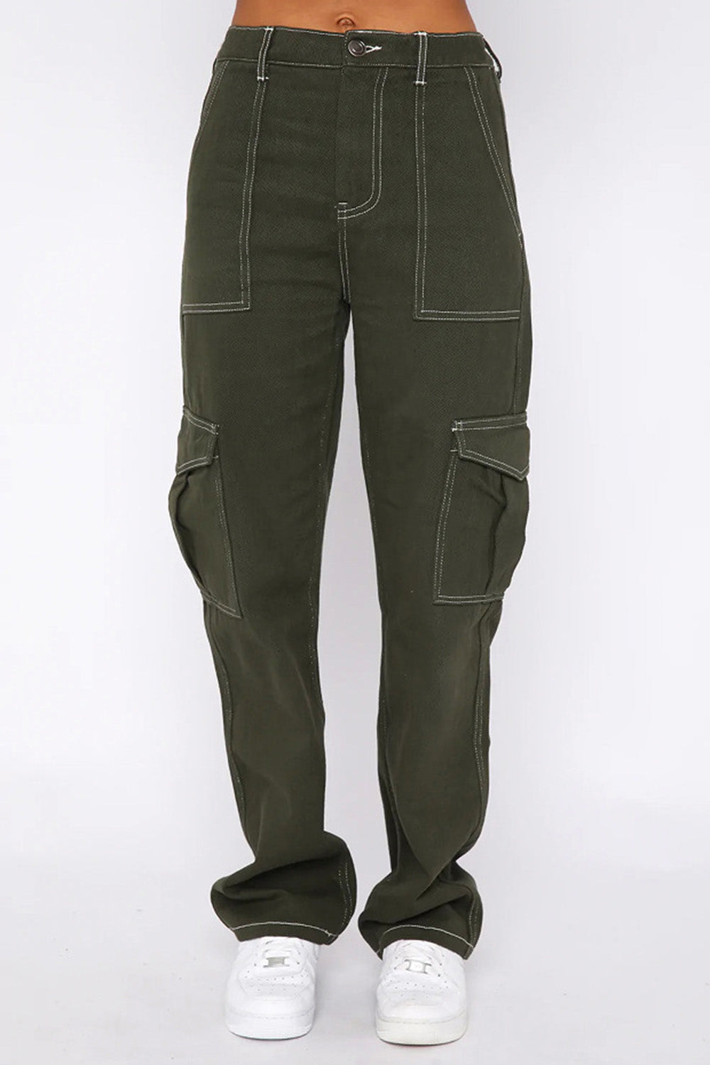 Contrast Stitching High Waist Cargo Jeans