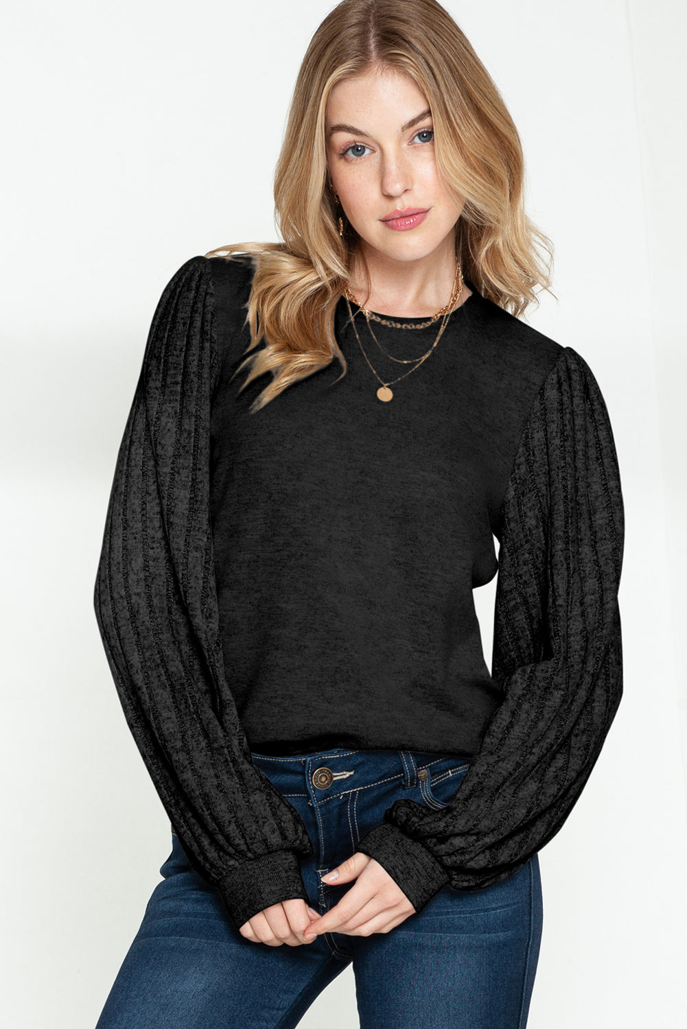 Solid Color Contrast Ribbed Bishop Sleeve Top