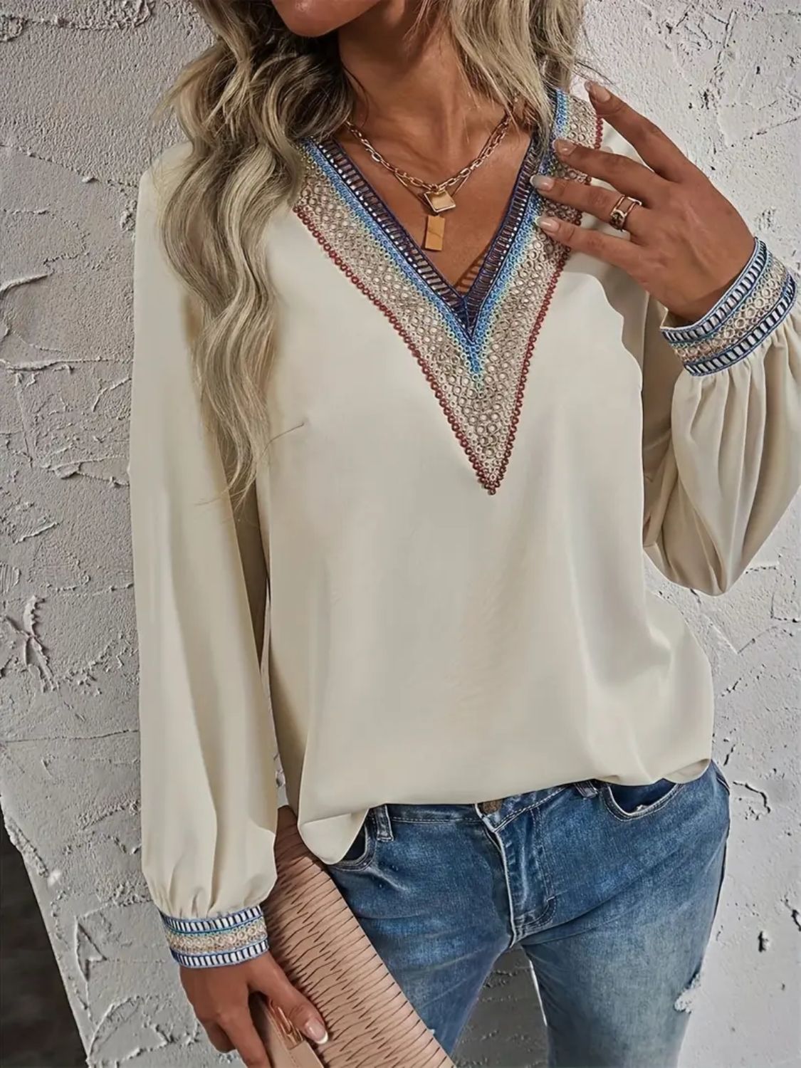 CJY Contrast V-Neck Long Sleeve Blouse