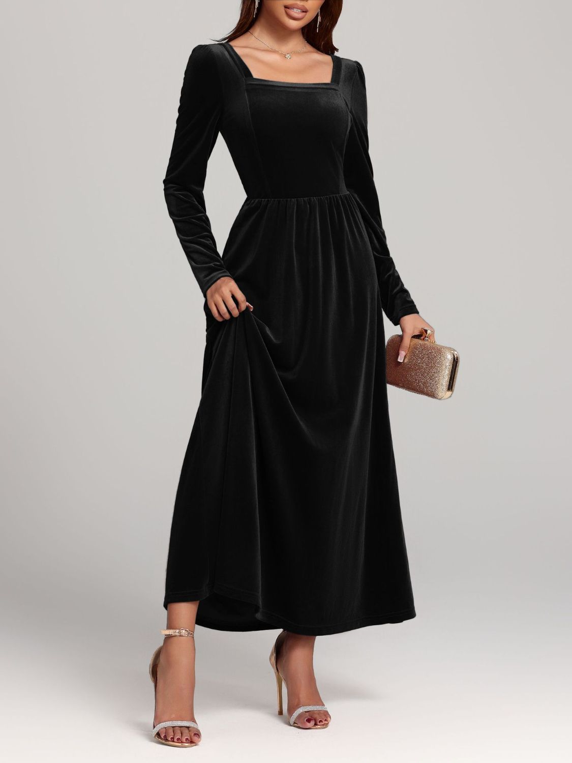 Velvet Square Neck Long Sleeve Dress  Shop One Place